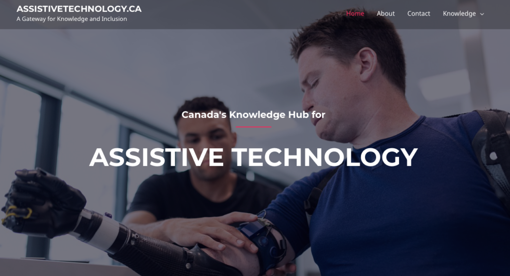 Screenshot of AssistiveTechnology.ca website showing main image of man being fitted for a prosthetic arm
